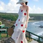 Heart Patterned Off-shoulder Tiered Maxi Dress