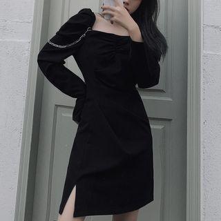 Long-sleeve Chain-accent Square-neck Mini Sheath Dress
