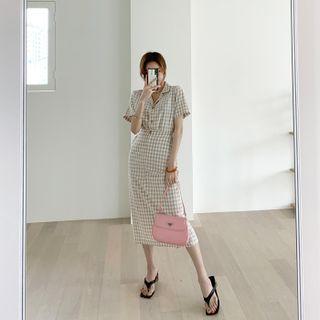 Band-waist Long Gingham Skirt