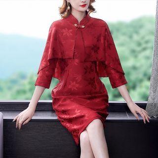 Set: Elbow-sleeve A-line Dress + Cape