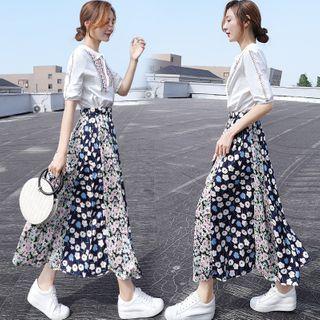 Set: Embroidered Short-sleeve Blouse + Flower Print Midi A-line Skirt