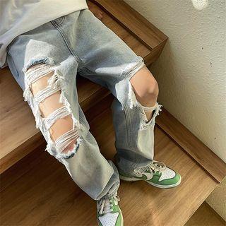 Ripped Denim Fringe Pants