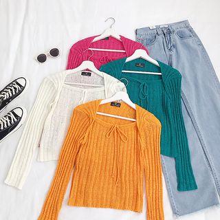 Tie-neck Plain Long-sleeve Knit Top
