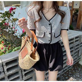 Short-sleeve Contrast Trim Plaid Shirt + High-waist Plain A-line Shorts