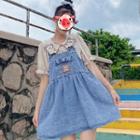 Bear Embroidered Blouse / Denim Mini A-line Overall Dress