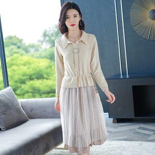Collared Knit Panel Mesh Overlay A-line Midi Dress
