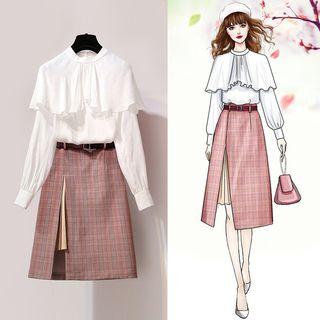 Set: Ruffle Trim Long-sleeve Blouse + Plaid Mini Slit Skirt
