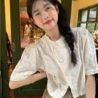 Short-sleeve Button-up Lace Top Almond - One Size