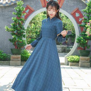 Plaid Mandarin Collar A-line Maxi Dress
