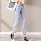High-waist Slit Hem Frayed Loose Fit Jeans