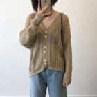 Long-sleeve Perforated Buttoned Knit Top Khaki - One Size