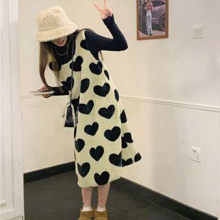 Sleeveless Heart Print Tank Dress Beige & Black - One Size