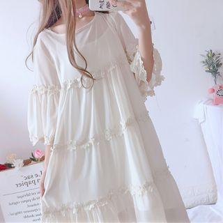 Set: Flower Detail 3/4-sleeve Midi Dress + Slipdress