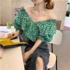 Short-sleeve V-neck Floral Print Top Green - One Size