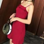 Spaghetti Strap Ruffle Mini A-line Dress Wine Red - One Size