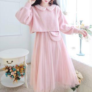 Set: Fleece Loose-fit Cropped Blouse + Mesh Skirt
