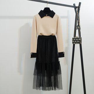 Two-tone Collared Knit Top / Layered Midi Mesh Skirt / Set
