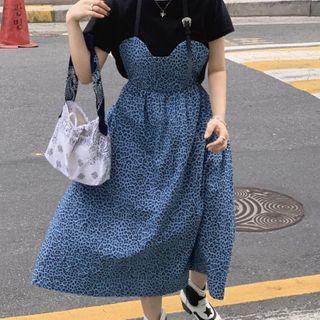 Leopard Strappy Midi A-line Dress / Short-sleeve T-shirt