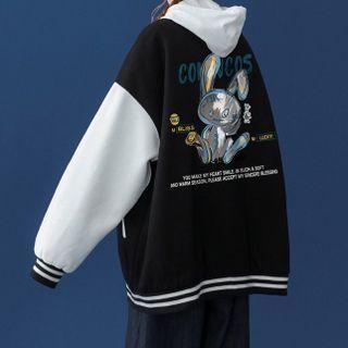 Rabbit Print Hooded Baseball Jacket