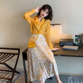 Long-sleeve Plain Shirt / Midi Accordion Pleat Dotted Skirt