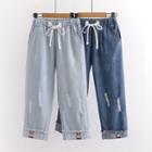 Rabbit Embroidered Drawstring Cropped Jeans
