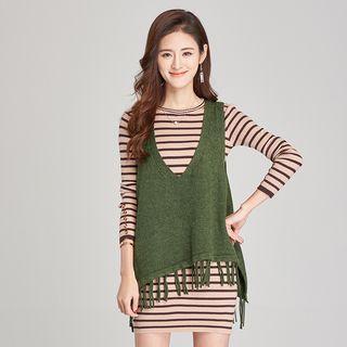 Fringe Hem Sleeveless Sweater / Set: Striped Long-sleeve Tunic + Fringe Hem Sleeveless Sweater