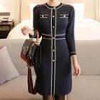 Long-sleeve Buttoned Dress Navy Blue - One Size