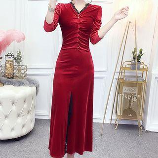 3/4-sleeve Split-front Midi A-line Velvet Dress