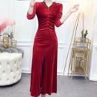 3/4-sleeve Split-front Midi A-line Velvet Dress