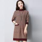 Mock-neck Striped Long-sleeve Knit Dress