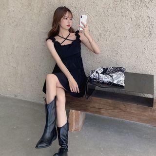 Sleeveless Ruffle Mini A-line Dress Black - One Size