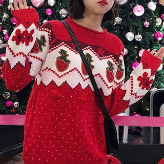 Strawberry Print Sweater Red & White - One Size