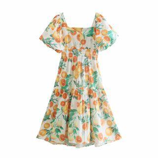 Puff-sleeve Orange Print A-line Dress
