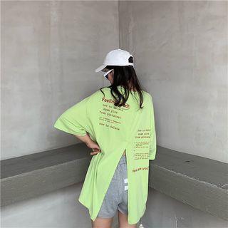 Lettering Elbow-sleeve Back Slit T-shirt