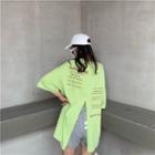 Lettering Elbow-sleeve Back Slit T-shirt