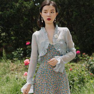 Set: Cropped Frill Trim Light Jacket + Spaghetti Strap Floral Print A-line Midi Dress
