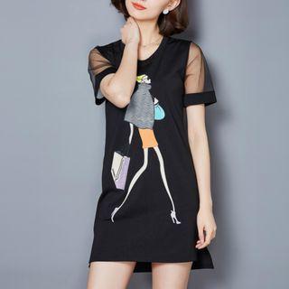 Print Mesh Panel Short-sleeve Dress