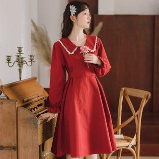 Bell-sleeve Collared Midi A-line Dress
