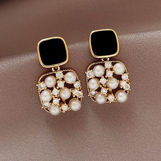 Square Faux Pearl Alloy Dangle Earring 1 Pair - Earring - Silver Needle - Black - One Size