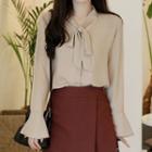 Long-sleeve Ruffle-cuff Tie-front Blouse