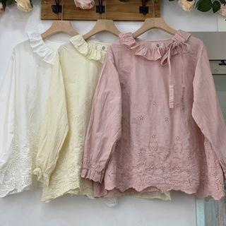 Long-sleeve Plain Cut Out Ruffle Trim Blouse