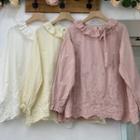 Long-sleeve Plain Cut Out Ruffle Trim Blouse