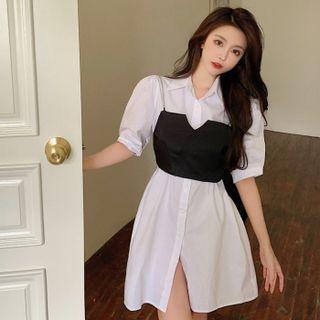 Set: Puff-sleeve Mini Shirtdress + Cropped Camisole Top