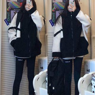 Faux Shearling Color-block Jacket As Figure - One Size