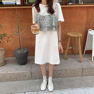 Mock Two-piece Short-sleeve Midi T-shirt Dress Off-white - One Size