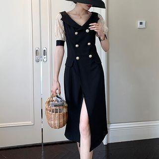 Lace Panel Short-sleeve Faux Pearl Midi Sheath Dress
