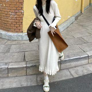 Wavy Trim Sheath Long-sleeve Knit Dress