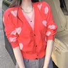 Mock-two Piece Heart Print Cardigan Red - One Size