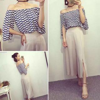 Set: Elbow-sleeve Off Shoulder Top + Cropped Wide Leg Pants