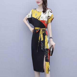 Short-sleeve Tie-waist Floral Panel Dress